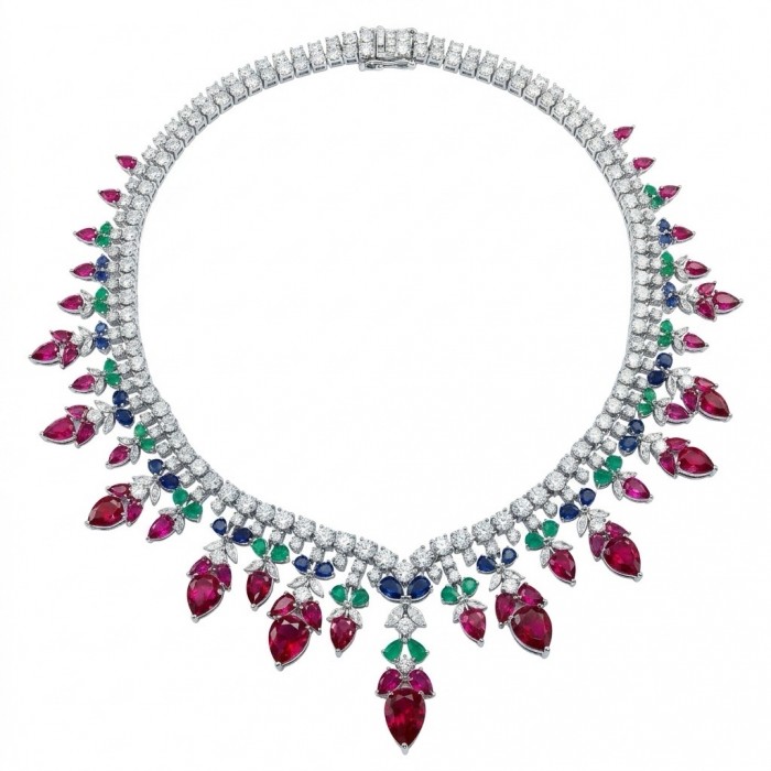 RARE BEAUTY! Valentina 55.2 carat Ruby Emerald Sapphire .925 Sterling Silver dipped in rhodium Statement Necklace