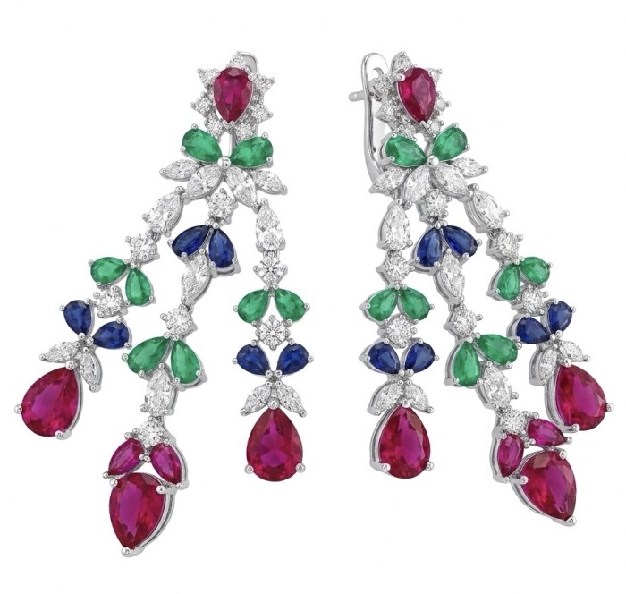 RARE BEAUTY! Valentina 18.2 carat Ruby Emerald Sapphire .925 Sterling Silver dipped in rhodium Statement handcrafted earrings
