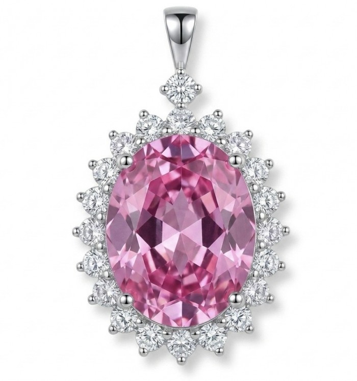 Incredible oval cut 15.8 carat Pink Sapphire .925 Sterling Silver handcrafted pendant