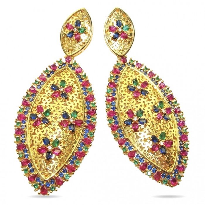 Byzantine Style Ruby Emerald Sapphire 14K Gold over .925 Sterling Silver handcrafted STATEMENT earrings