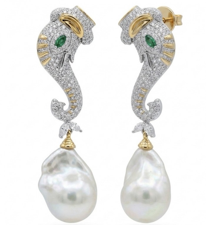 Two Elephats with 0.4 carat Emerald Eyes - Baroque style Precious natural Mother of Pearl 22K Gold over .925 Sterling Silver handcrafted earrings