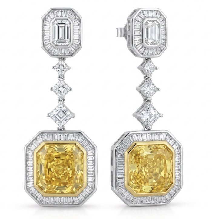 Art Deco - Luxurious asscher cut 20.5 carat Yellow Sapphire 18K Gold over .925 Sterling Silver handcrafted earrings - video