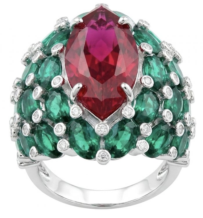 Giovanna 28.6 carat Ruby Emerald .925 Sterling Silver dipped rhodium handmade Huge Statement Ring size 7 - video