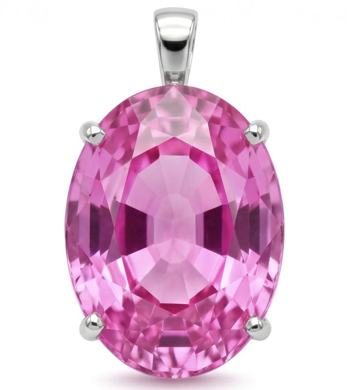 Incredible oval cut 30.8 carat Bubblegum Pink Sapphire .925 Sterling Silver handcrafted pendant