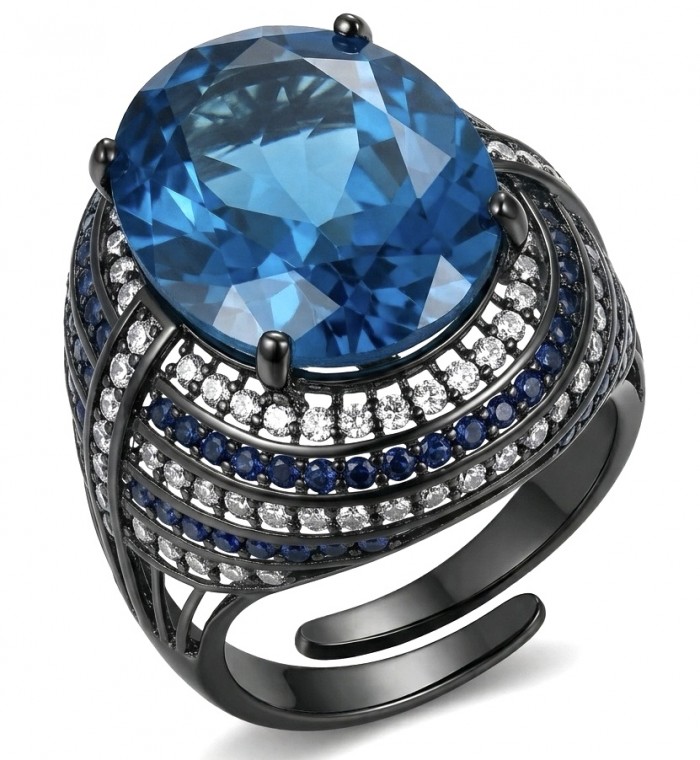 Julietta 18.8 carat London Blue Topaz black rhodium over.925 Sterling Silver handmade Statement Ring size 6