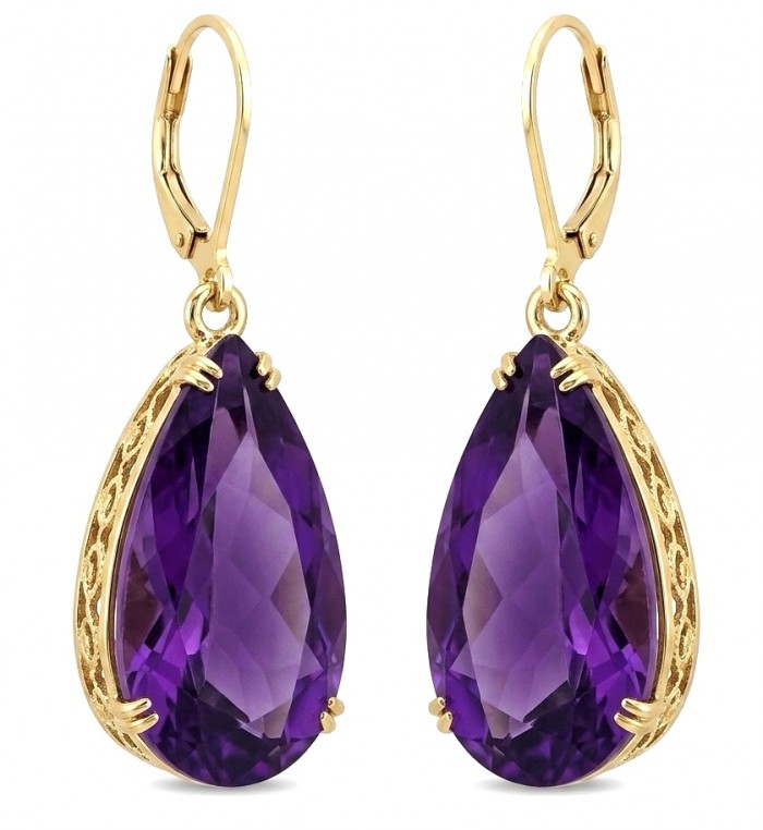 Natural 22.6 carat fancy pear cut Amethyst 14K Gold over .925 Sterling Silver handmade earrings