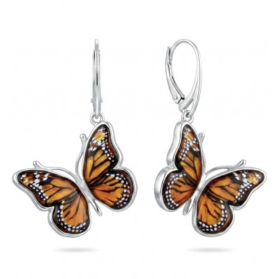 Butterflies carved Baltic Polish Amber 18K Gold over .925 Sterling Silver handcrafted earrings