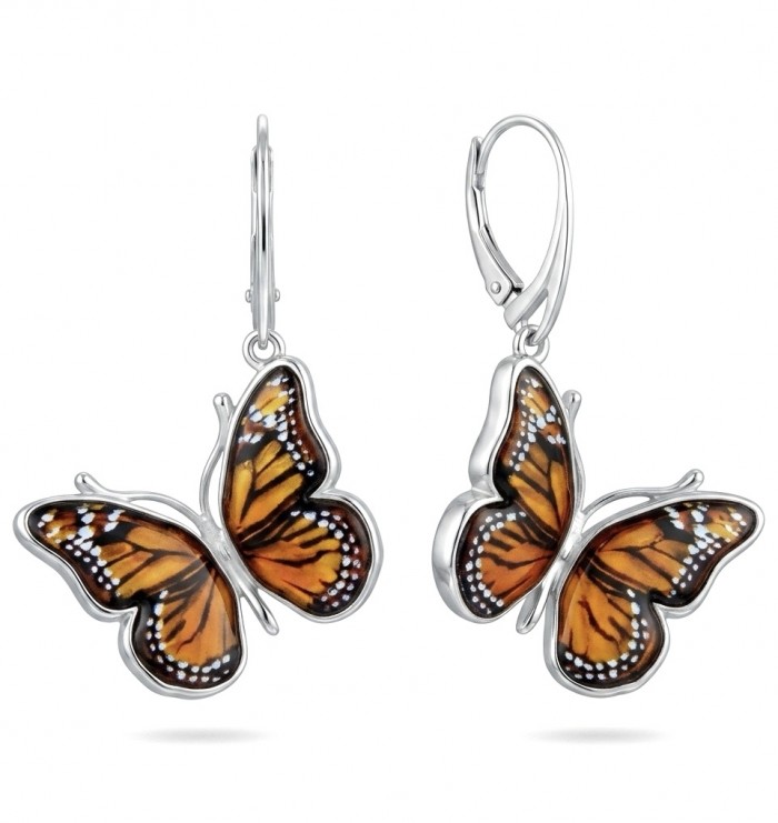 Butterflies carved Baltic Polish Amber 18K Gold over .925 Sterling Silver handcrafted earrings