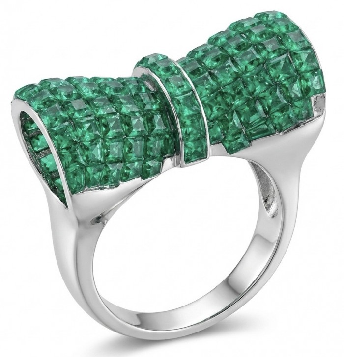 Precious Emerald bow- mystery setting authentic 16.2 carat Emerald .925 Sterling Silver Eternity Ring size 6 3/4