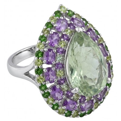 Large Natural 18.5 carat carved Green Amethyst rhodium over .925 Sterling Silver handcrafted ring size 6 3/4