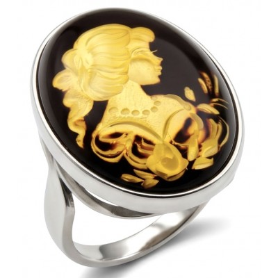 Beautiful Authentic Cameo carved Baltic Amber .925 Sterling Silver handcrafted ring; s. 7 adjustable