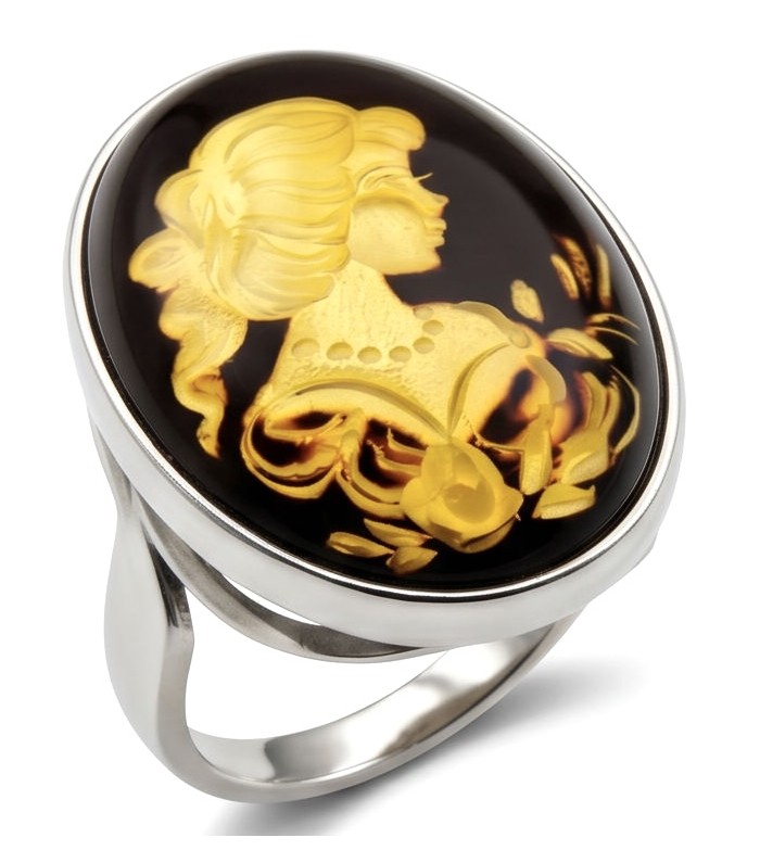 Beautiful Authentic Cameo carved Baltic Amber .925 Sterling Silver handcrafted ring; s. 7 adjustable
