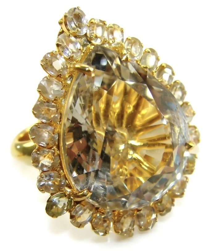 Massive Authentic pear cut 35.2 carat White Topaz 18K Gold over .925 Sterling Silver ring s. 8 - video