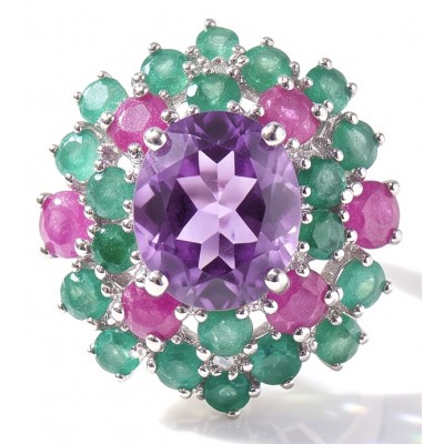 Francesca Genuine 7.7 carat Brazilian Amethyst rhodium over .925 Sterling Silver handcrafted Statement Ring size 9