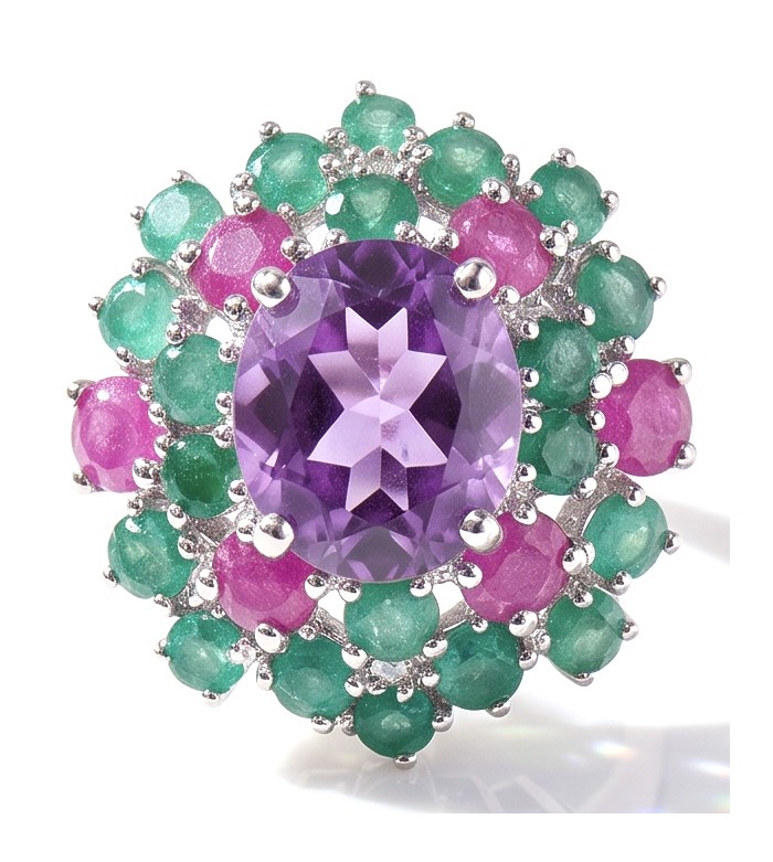 Francesca Genuine 7.7 carat Brazilian Amethyst rhodium over .925 Sterling Silver handcrafted Statement Ring size 9