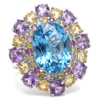 Pacifica - Authentic 33.8 carat Swiss Blue Topaz Rhodium over .925 Sterling Silver handcrafted Large Statement ring size 7