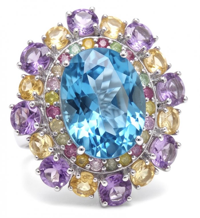 Pacifica - Authentic 33.8 carat Swiss Blue Topaz Rhodium over .925 Sterling Silver handcrafted Large Statement ring size 7 - video