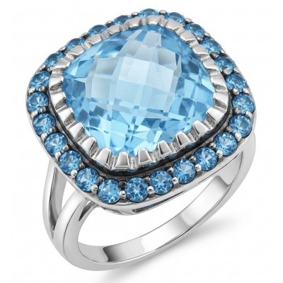 Pacifica 14.8 carat Swiss Blue Topaz .925 Sterling Silver dipped in rhodium handcrafted ring size 6