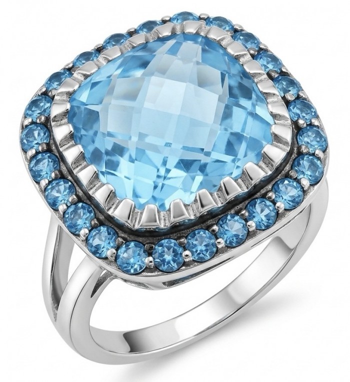 Pacifica 14.8 carat Swiss Blue Topaz .925 Sterling Silver dipped in rhodium handcrafted ring size 6