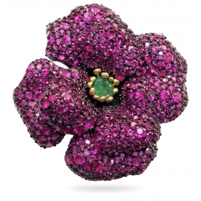 Black Label Collection - Retro Style - Rose Genuine 42.5 carat Ruby 2 tones .925 Sterling Silver dipped in rhodium handmade Pendant - Brooch