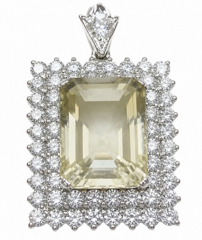 Luxury genuine 25.5 CARAT emerald cut Champagne Topaz .925 Sterling Silver dipped in rhodium handmade Pendant