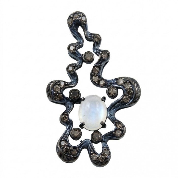 Genuine 5.5 carat Fire Moonstone black rhodium over .925 Sterling Silver handcrafted pendant