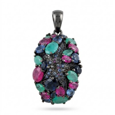 Vintage Beauty 10.7 carat Emerald Ruby Sapphire Black Rhodium over .925 Sterling Silver handcrafted pendant