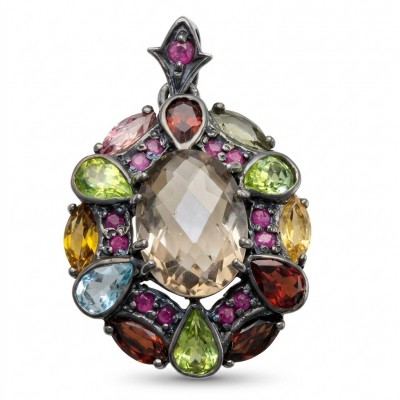 Vinatge Beauty Authentic 12.2 carat carved Smoky Topaz black rhodium over .925 Sterling Silver handmade Statement Pendant