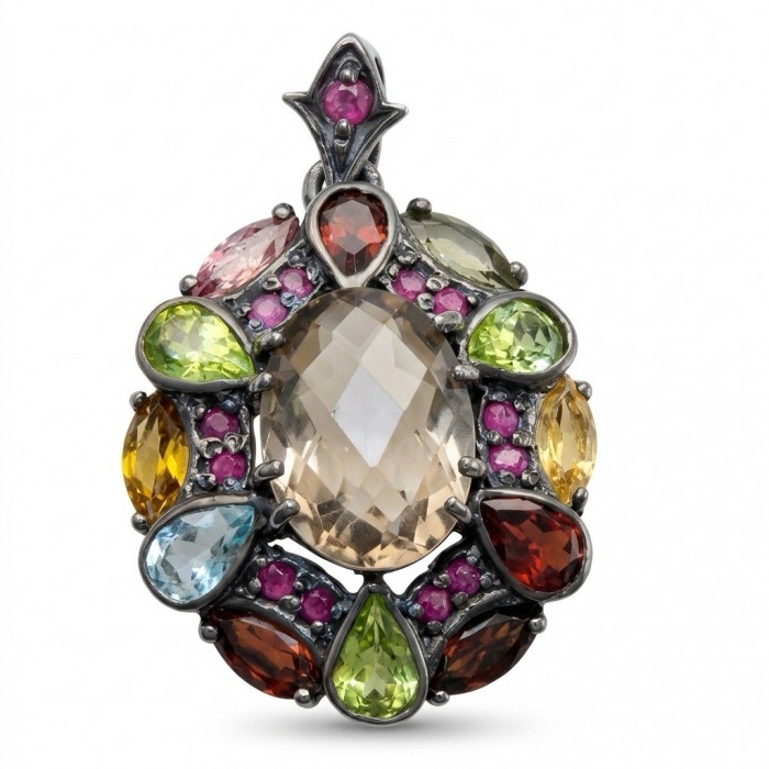 Vinatge Beauty Authentic 12.2 carat carved Smoky Topaz black rhodium over .925 Sterling Silver handmade Statement Pendant