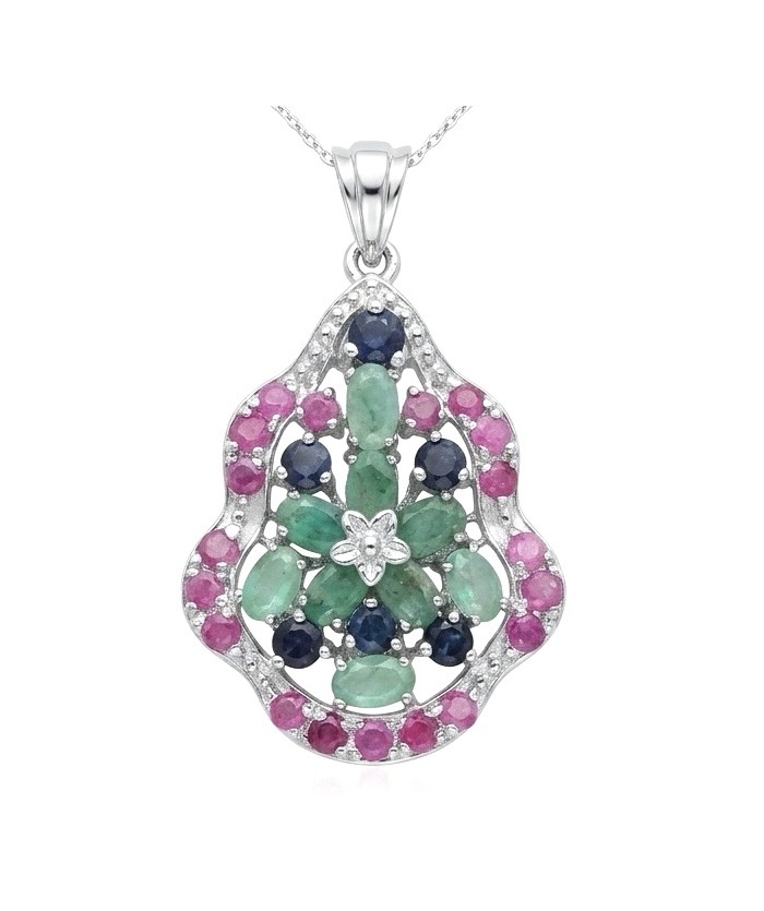 Angel's Blessings 10.4 ctw Ruby Emerald Sapphire rhodium over .925 Sterling Silver handcrafted Statement pendant