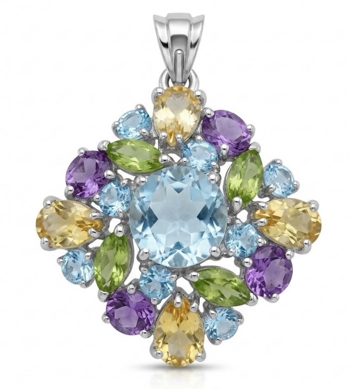 Valentina - Vintage Design Genuine 24.5 carat Swiss Blue Topaz .925 Sterling Silver handmade Pendant Brooch