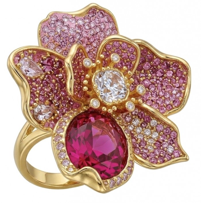 Cherry Blossom 37.5 carat Pink Amethyst 14K Gold over .925 Silver handcrafted Cocktail Ring s. 7