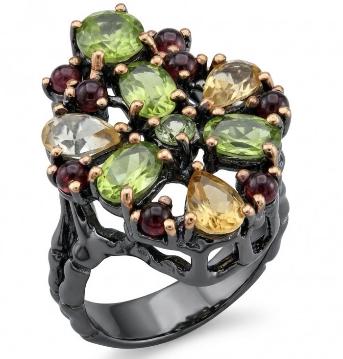 Fiesta Authentic 14.5 carat Multigem .925 Sterling Silver dipped in black rhodium brilliantly handcrafted Ring size 6 - video