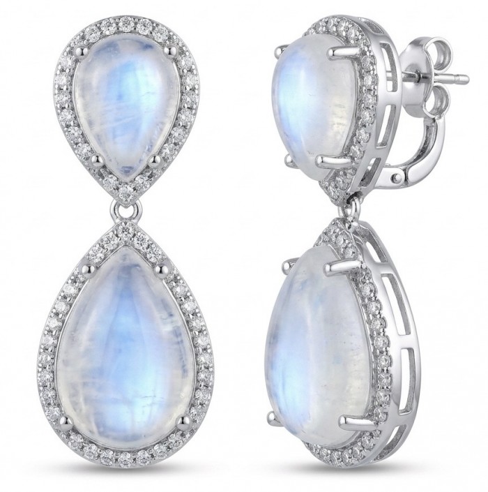 Cascades OF LIGHT Genuine 12.2 carat Fire Moonstone rhodium over .925 Silver handcrafted earrings