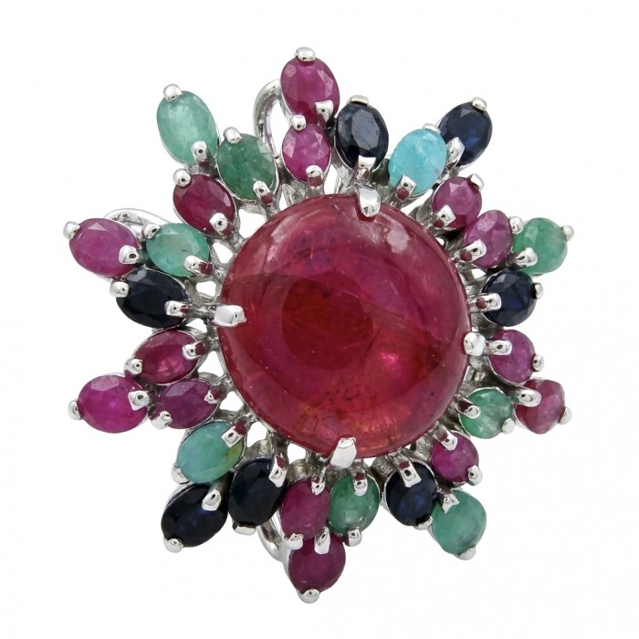 Giovanna Natural 8.6 carat Ruby pave Emerald .925 Sterling Silver dipped rhodium handmade Statement Ring size 8