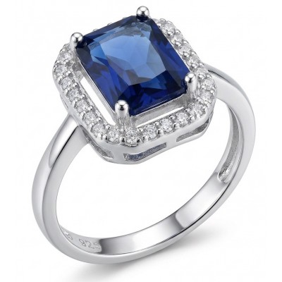 Stella emerald cut 4.5 carat Sapphire .925 Sterling Silver handmade Statement ring size 6