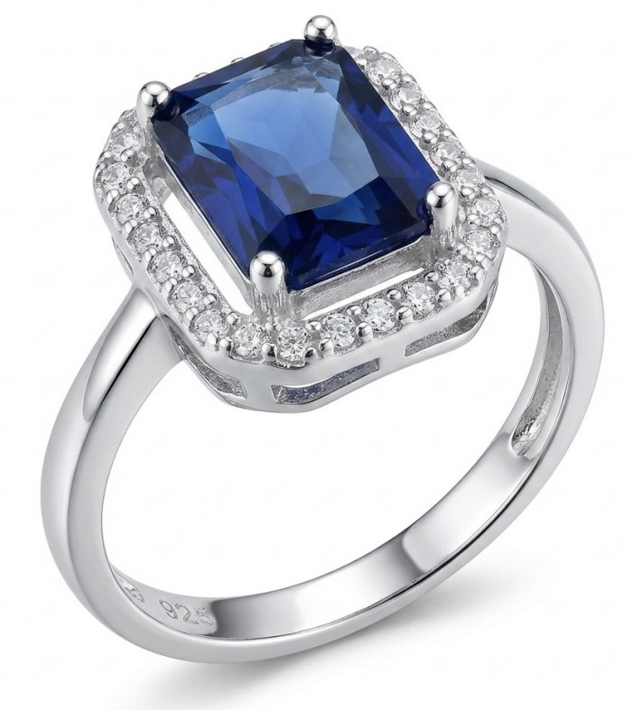 Stella emerald cut 4.5 carat Sapphire .925 Sterling Silver handmade Statement ring size 6