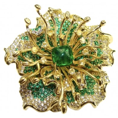 Nature-inspired piece - Amazonia - Green Rose - Genuine 42.5 carat Emerald 14K Gold over .925 Sterling Silver handmade Pendant - Brooch