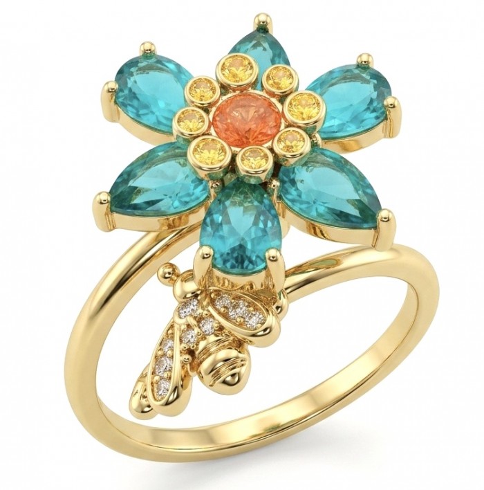Spinning flower 6.5 carat genuine Green Topaz 14K Gold over .925 Sterling Silver handmade Statement Ring size 8