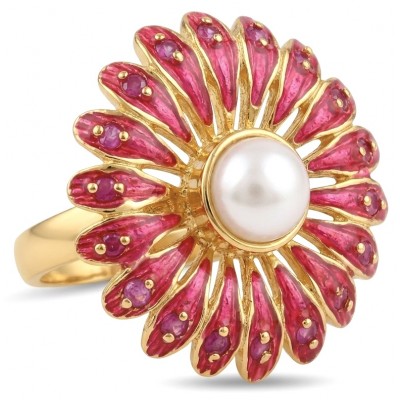 Red Flower Fresh water Pearl Enamel 18K Gold over.925 Sterling Silver Ring s. 6