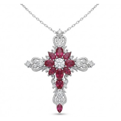 Precious Cross Genuine 14.2 carat Garnet rhodium over .925 Sterling Silver handmade necklace
