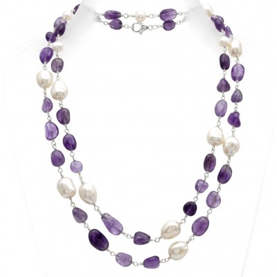 Giovanna - Top quality Natural Amethyst Mother of Pearl .925 Sterling Silver handcrafted 34 inches necklace