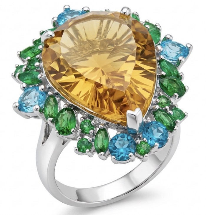 Emily 24.2 carat Brazilian Citrine EMERALD .925 Sterling Silver dipped in rhodium handcrafted ring; s. 8 1/4