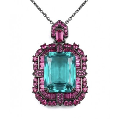 ART DECO Authentic 27.7 carat Aquamarine Ruby Black rhodium over .925 Sterling Silver handmade necklace