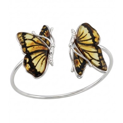 Golden Butterfly Genuine carved Baltic Amber .925 Sterling Silver dipped in rhodium handamde Bracelet