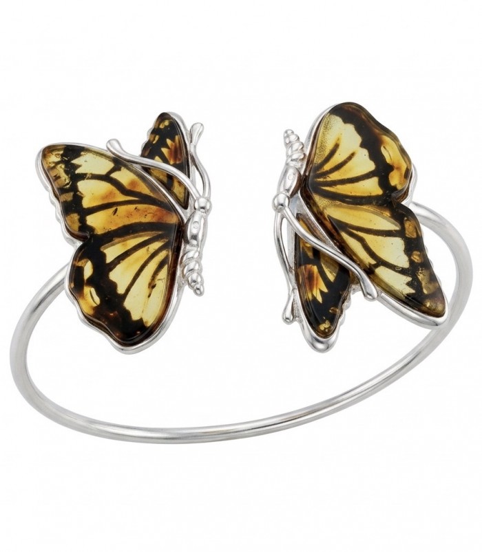 Golden Butterfly Genuine carved Baltic Amber .925 Sterling Silver dipped in rhodium handamde Bracelet