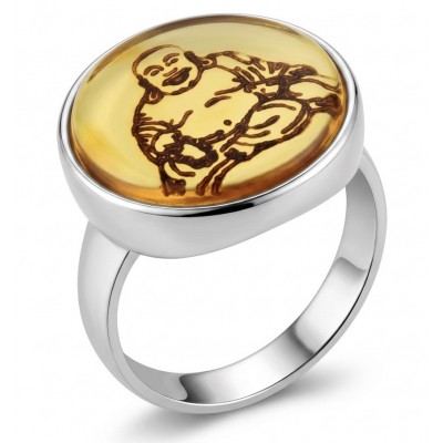 Buddha Authentic carved Baltic Amber .925 Sterling Silver handcrafted ring; s. 7 adjustable