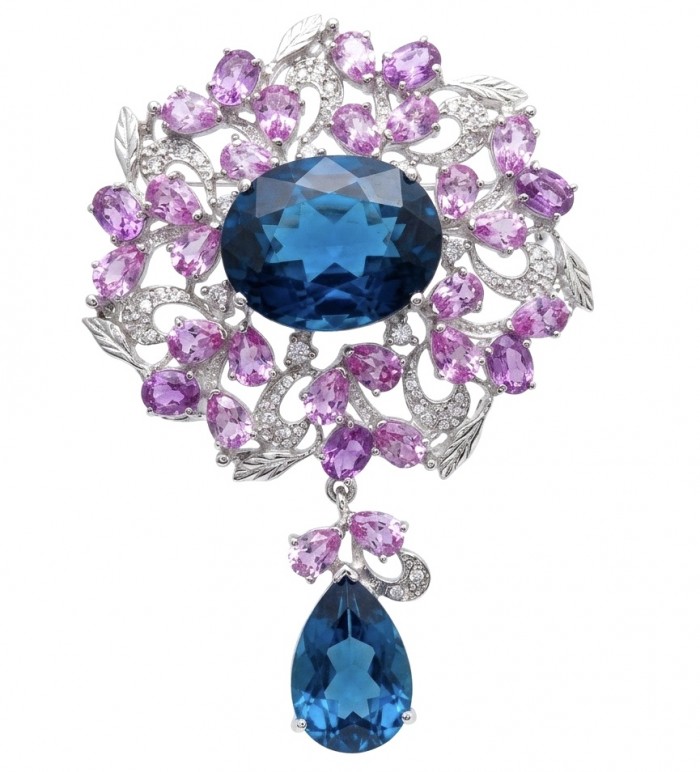 An exuberantly Large 141.8 carats Vintage style London Blue Topaz .925 Sterling Silver DIPPED IN RHODIUM handmade LARGE Pendant - Brooch