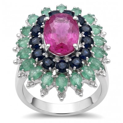 Giovanna 19.2 carat Ruby Emerald Sapphire .925 Sterling Silver dipped rhodium handmade Statement Ring size 6 3/4