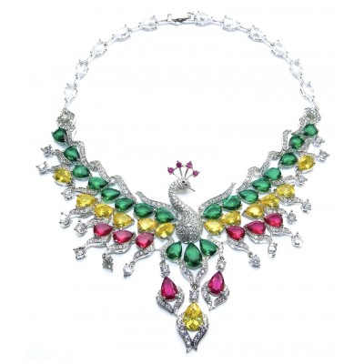 55.2 carat Graceful Swan Natural multicolot Topaz .925 Sterling Silver handcrafted Statement necklace